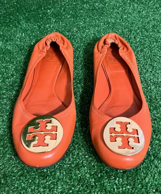 TORY BURCH Minnie Travel Reva Ballet Leather Flats Orange Women’s Size 5.5