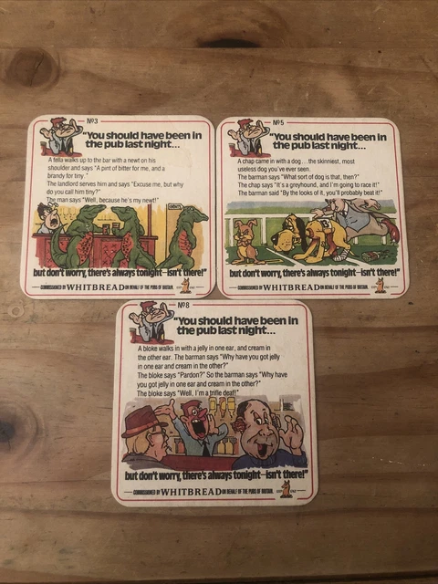 Set Of Three Whitbread Beer Mats Jokes Numbers 3,5,8