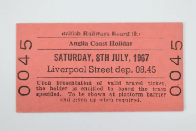 BRB (E) Eisenbahnticket Nr. 0045 Anglia Küste Urlaub LIVERPOOL STREET JULI 1967