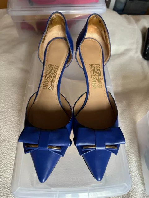 Salvatore Ferragamo Royal Blue Rietta Bow Calf Leather D'Orsay Pumps Heel Sz 9