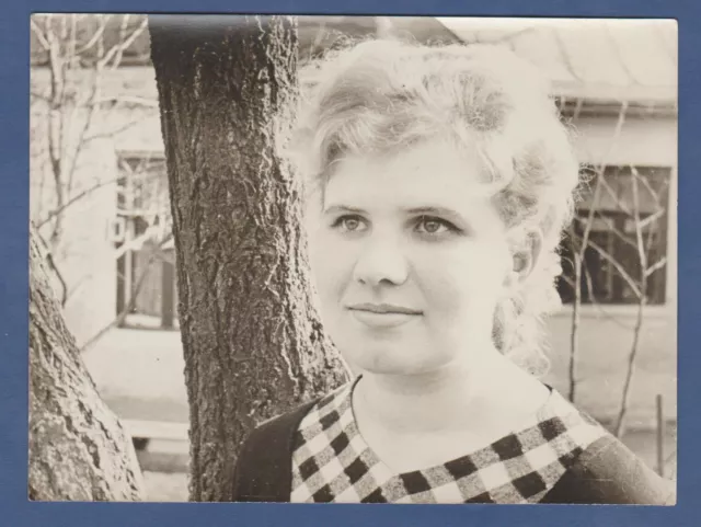 Beautiful young woman by the tree, pretty girl Soviet Vintage Photo USSR