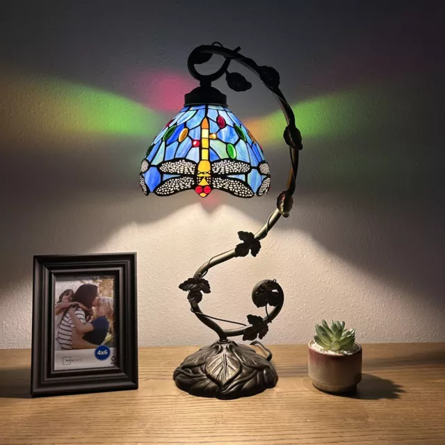 Enjoy Tiffany Style Table Lamp Dragonfly Sky Blue Stained Glass LED Bulb 21”H