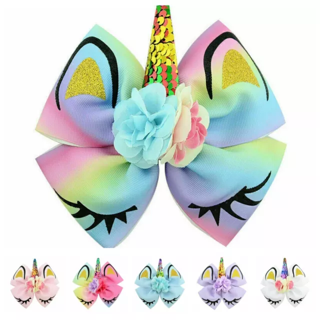 UK JOJO SIWA Unicorn Hair Bow Glitter Hair Clips Horn Bow Rainbow Girls Headwear