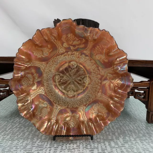 Vintage  Marigold Iridescent Carnival Glass Lotus/Dragon