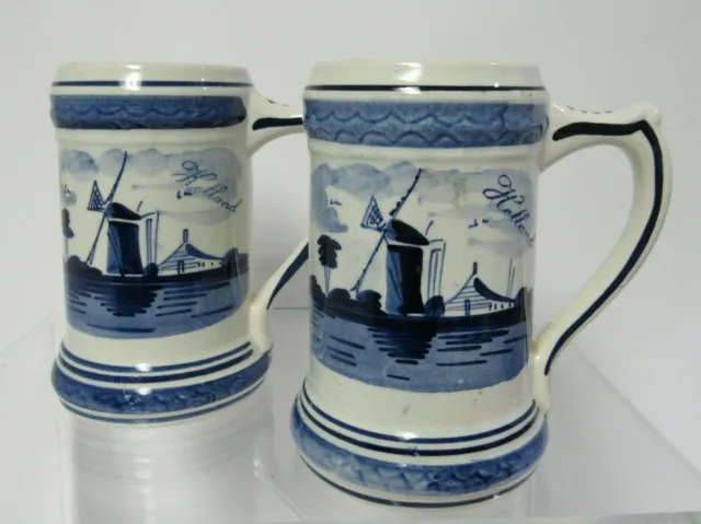 Delft Blaun Hand Painted Steins Mugs Made in Holland Blue White Set of 2