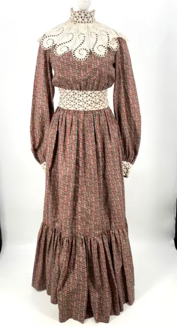 Vintage Prairie Dress Burgundy Floral M maxi long sleeve crochet victorian