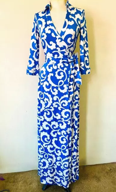 4 6 Diane Von Furstenberg Abigail Vintage Blue Spiral Fern Silk Wrap Maxi Dress