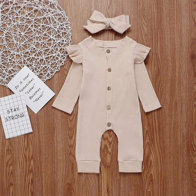 Newborn Baby Girls Ribbed Outfits Romper Jumpsuit Headband Set Infant Clothes 5