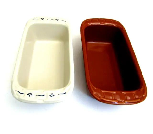 2 Longaberger Pottery Ceramic Woven Traditions Loaf Baking Dish Pan Red Ivory