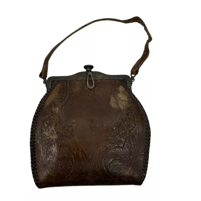 Antique Art Nouveau Deco Tooled Leather Floral Turn Lock Frame Purse Bag Clutch