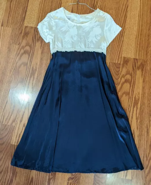 Vintage Amy Too! Byer California Dress Ivory Floral Bodice Navy Skirt Euc Sz 10