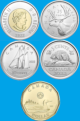 Complete Set of 5 2022 Canada Coins Loonie Toonie. Mint UNC $2 $1 25c 10c, 5c