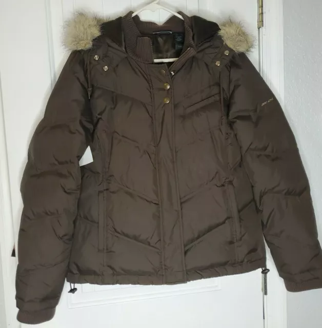 DKNY Brown Womens Large Down Filled Puffer Fur Hooded Coat Jacket Large