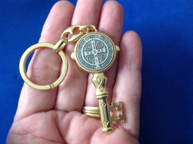 Saint St BENEDICT Key to Heaven Key Chain RING Protection Two Tone Oxidized