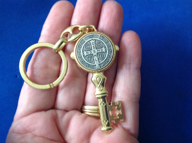Saint St BENEDICT Key to Heaven Key Chain RING Protection Two Tone Oxidized