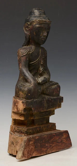 18th Century, Shan, Antique Burmese Wooden Seated Buddha 11