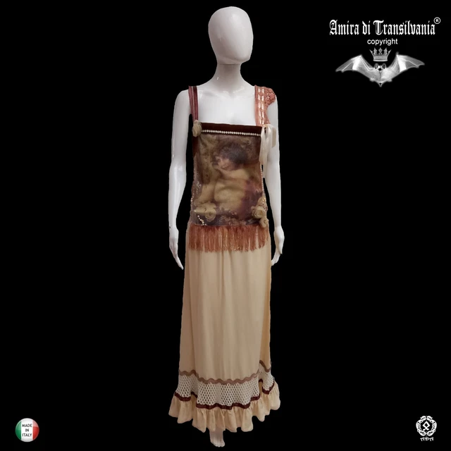 abito donna estivo griff alta moda sfilata romantico beige ricamato fiori frange