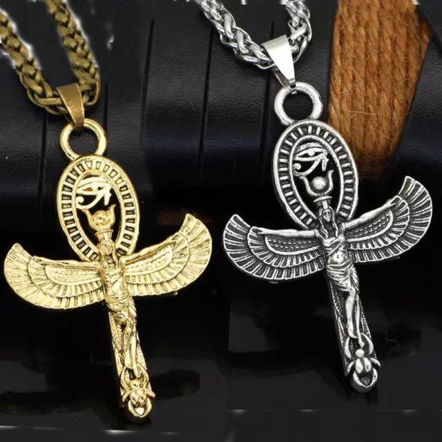 Egyptian Isis Goddess Ankh Cross Eye of Horus Pendant Necklace Braided Chain 24"