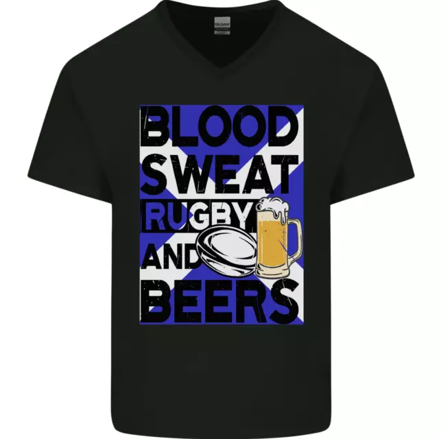 Maglietta Blood Sweat Rugby and Beers Scozia divertente da uomo collo a V cotone