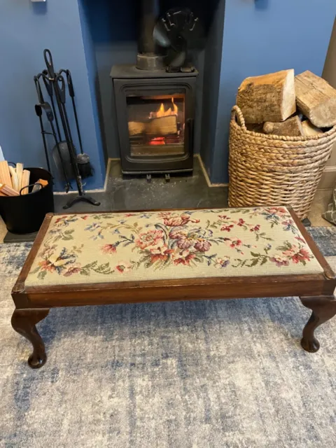 Antique Edwardian Cabriole Legged Footstool Embroidered Upholstery