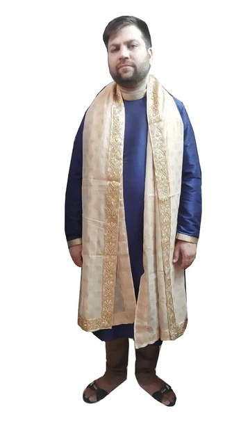 Men Silk Dupatta Indian Traditional Scarves Cream Wedding Groom Handmade Stole