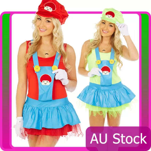 Womens Super Mario Costume Luigi Brothers Brother Plumber Fancy Dress 80s Party