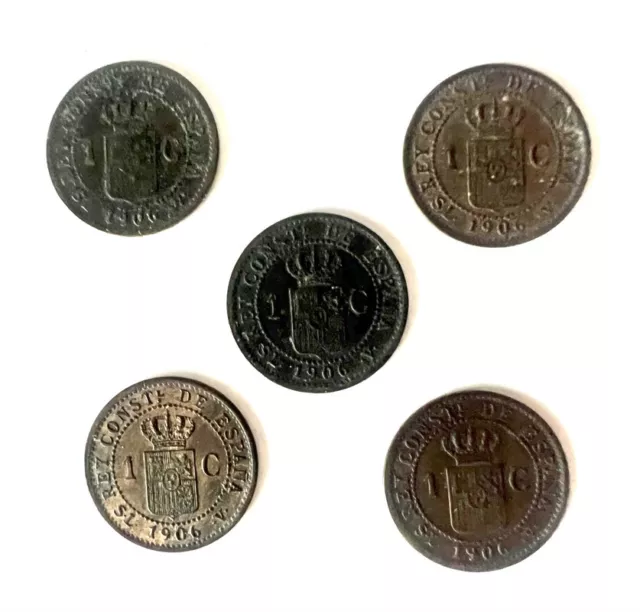 Set Monedas 1 Céntimo Rey Alfonso Xiii 1906 Perfecto Estado
