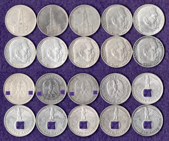 10 x 5 Reichsmark - 1934 / 1939 - Garnisonkirche und Paul von Hindenburg