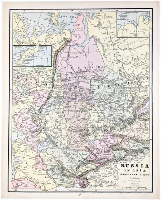 1889 RUSSIA Map ORIGINAL Turkestan Hordes SIBERIA Townships G. CRAM