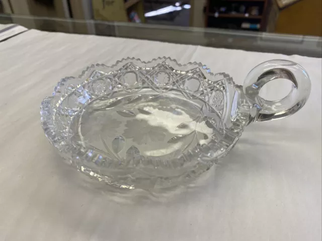 Vintage Heavy Eapg Mckee Crystal Cut Glass Handled Candy Dish Daisy Leaf Pattern