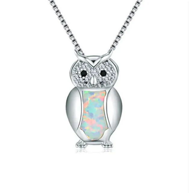 Fashion Silver White Simulated Opal Owl Charm Pendant Necklace Wedding Jewelry