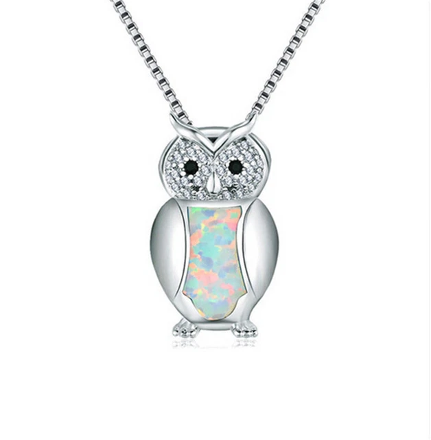Fashion Silver White Simulated Opal Owl Charm Pendant Necklace Wedding Jewelry
