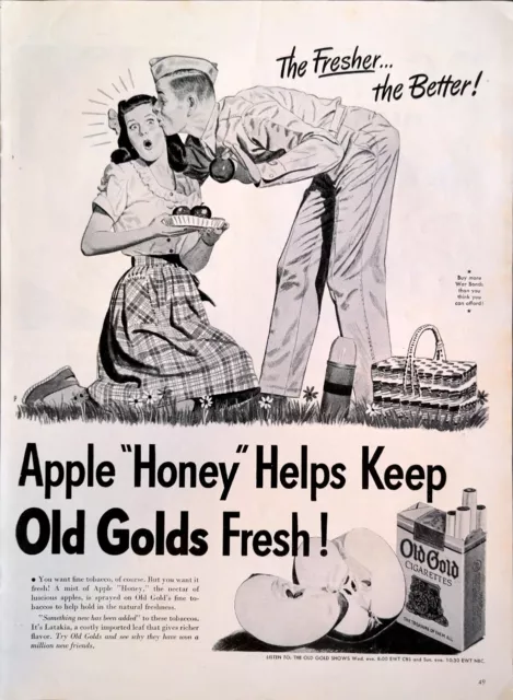 1944 Old Gold Cigarettes WWII Print Ad Fresher The Better Soldier Kissing Girl