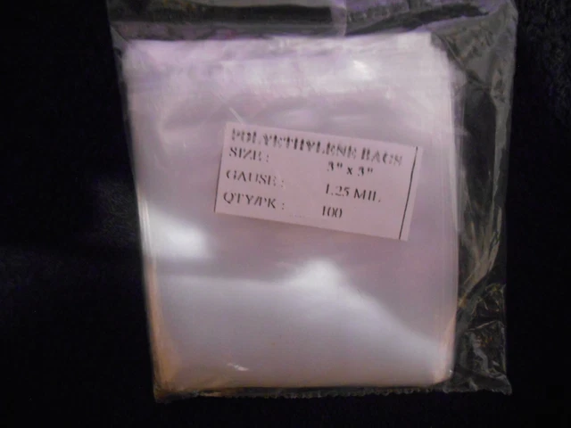 300pcs Clear Flat Polyethylene 3-Bags Gauge .00125 by 3 X 3 Inches in Size New