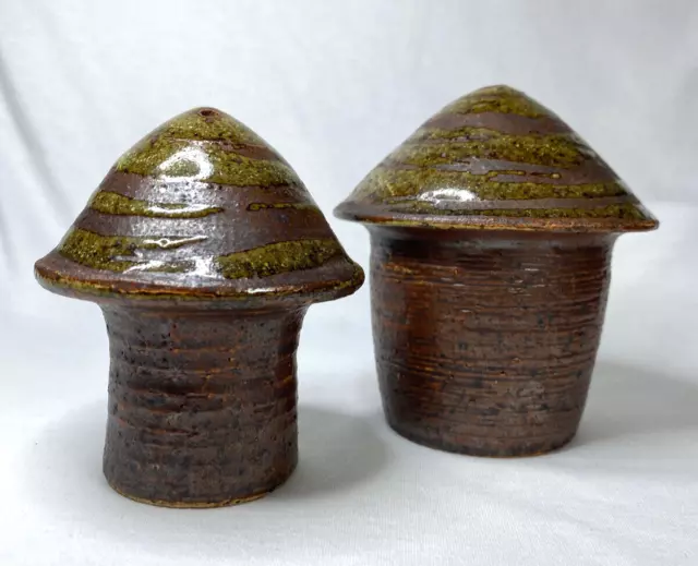 Stoneware Hand Crafted Vintage Mushroom Shaped Salt & Pepper Shakers Signed