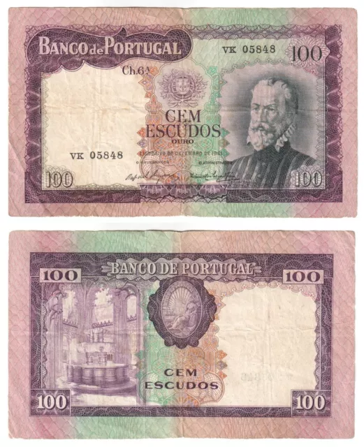 PORTUGAL 100 Escudos Banknote (1961) P.165a - F+/VF