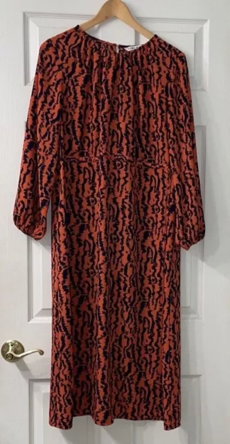 Elizabeth and James Blue and Orange Cinch Waist Long Sleeve Midi Dress Size M