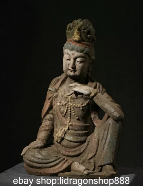 14 "Chine ancienne sculpture en bois bouddhiste statue de Bouddha Guanyin libre