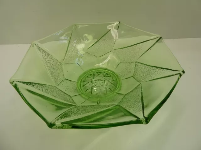 Vintage Art Deco Green Pressed Geometric Design Glass Bowl
