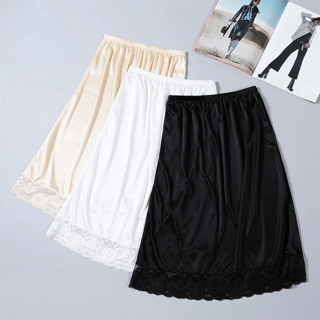 Femme Jupe Satin Jupon Long Combinaisons Dentelle sous-Jupe Faux Soie Big Swing