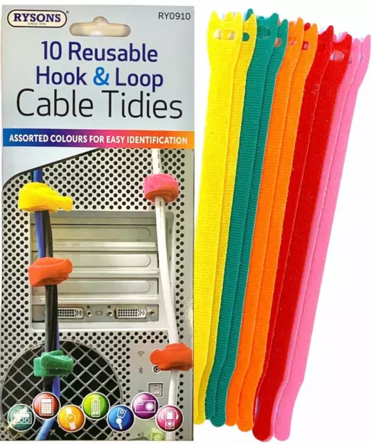 10 Pc Reusable Loop Cable Cord and Nylon Strap Hook Ties Tidy Organiser 5 Colors