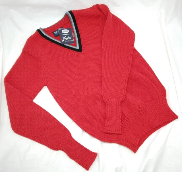 Maglione abbigliamento vintage Jayfor Skool pullover rosso nero e grigio dettaglio nuovo con etichetta