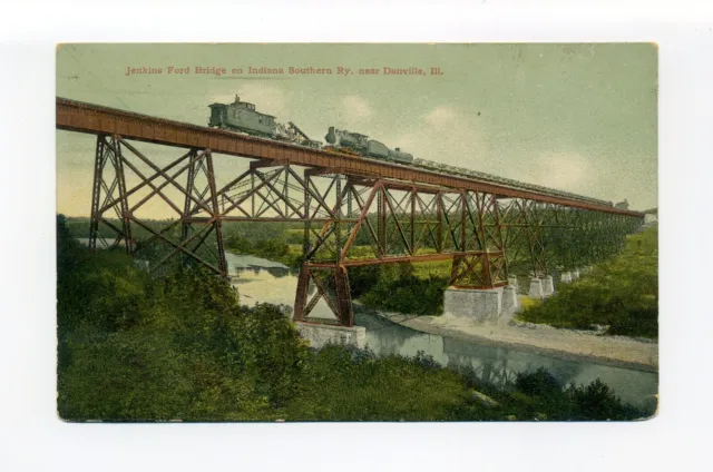 Westville, Danville IL 1912 postcard railroad trestle bridge, caboose, engine