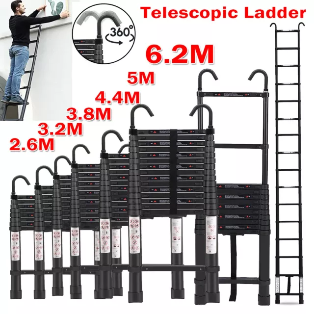 2.6-6.2M Aluminium Telescopic Step Ladder Multi-Purpose Extendable Loft +Hooks