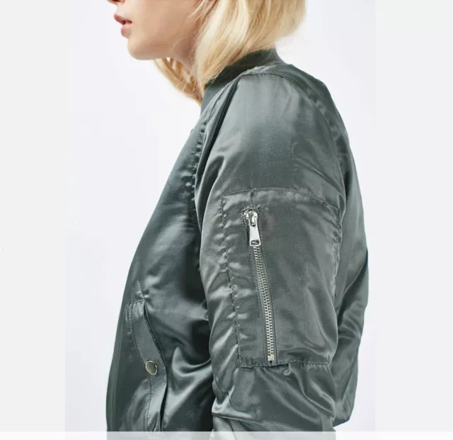 TOPSHOP MA1 Shiny Satin Bomber Jacket in Pale Green - US Size 8 2