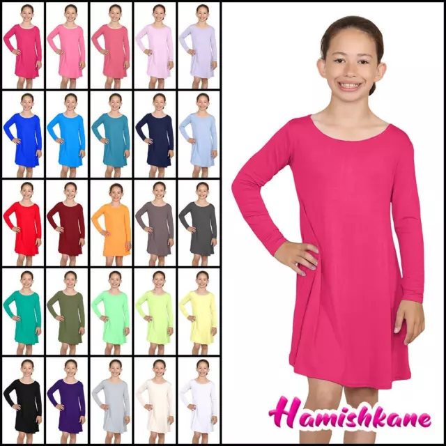 Girls Long Sleeve Dress Swing Flare Kids Plain Round Neck A-Line Dress Party Top