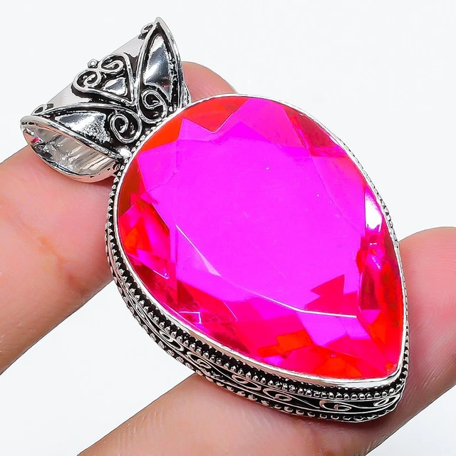 Pink Rubillite Gemstone Handmade 925 Sterling Silver Jewelry Pendant 1.77" F866