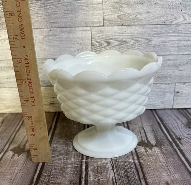 Vintage White  Milk Glass Pedestal Scalloped Compote / Fruit - Diamond Pattern