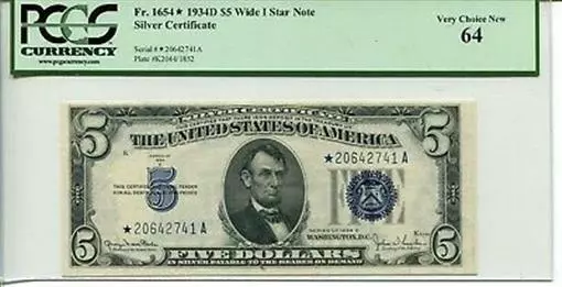 FR 1654* 1934D $5 Star Silver Certificate Wide I 64 Very Choice New
