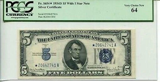 FR 1654* 1934D $5 Star Silver Certificate Wide I 64 Very Choice New